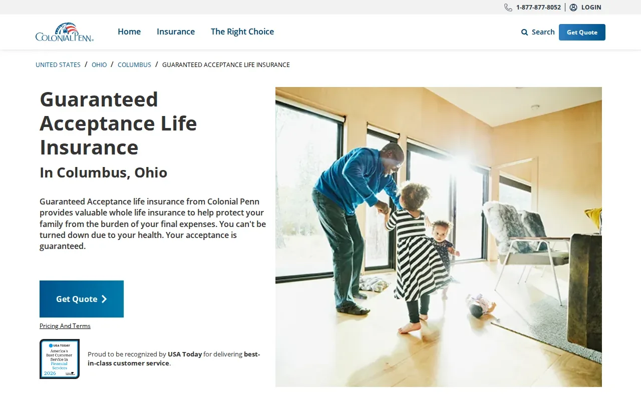 Screenshot of the Colonial Penn Guaranteed Acceptance Life Insurance website