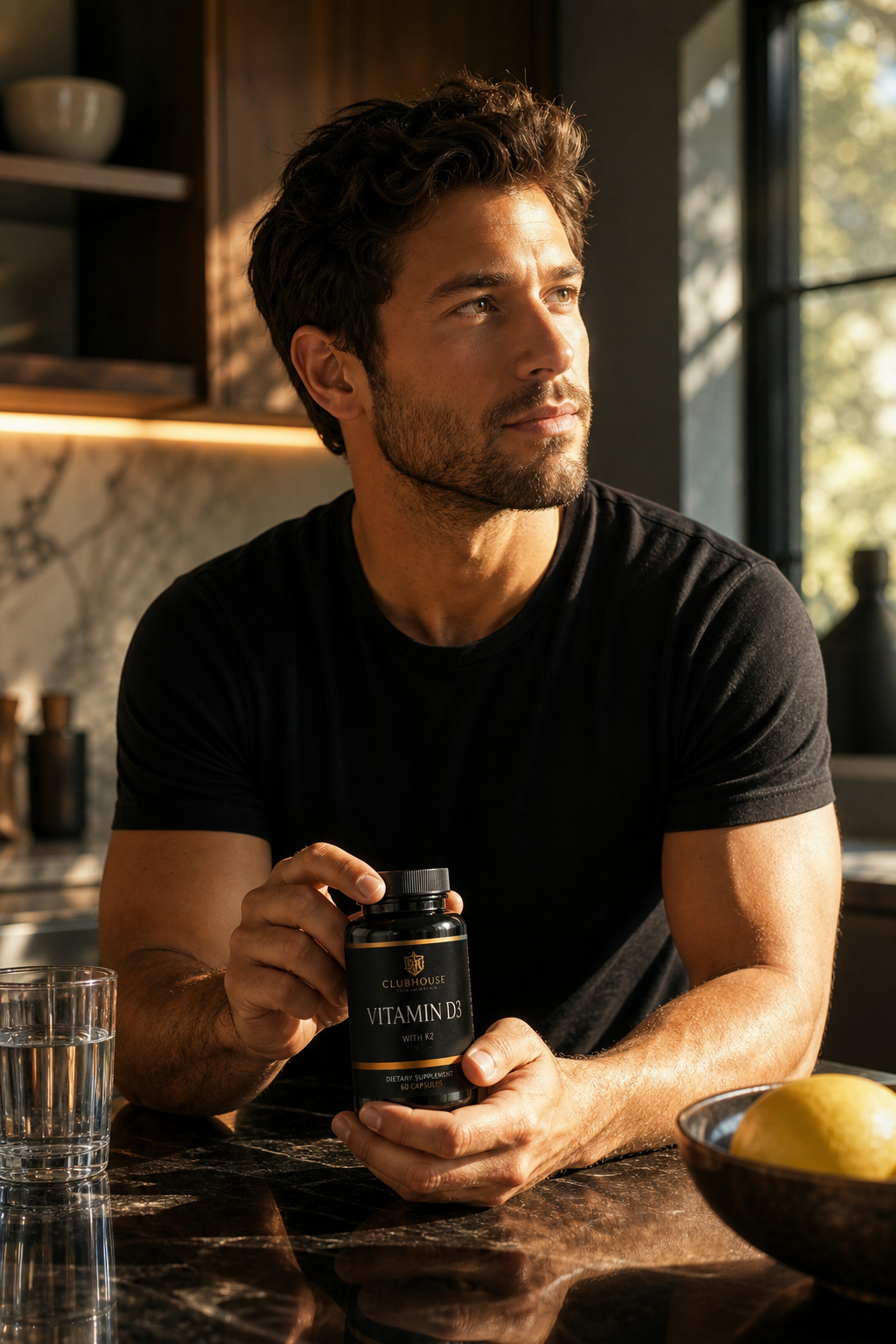 A realistic scene of sunlight streaming onto a man’s shoulders while he holds a bottle of vitamin D capsules on a kitchen counter. Alt: vitamin D supplement and sunlight health benefit