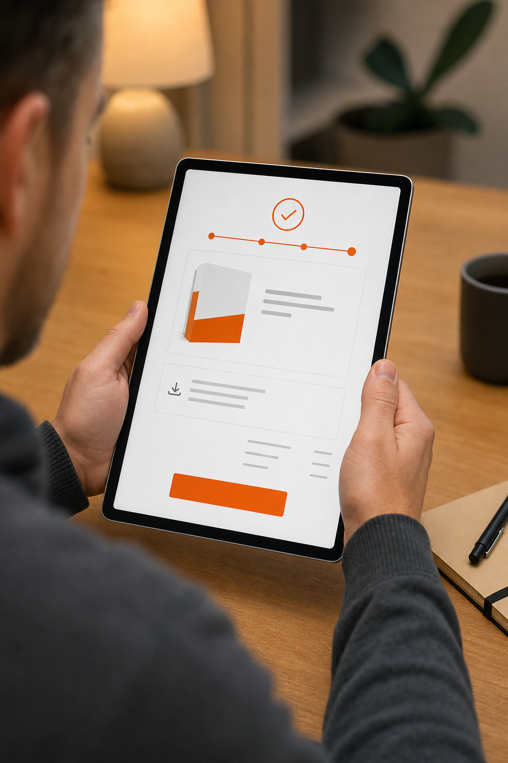 A close-up photorealistic shot of a person reviewing a digital purchase confirmation on a tablet screen, online marketplace visible, neutral home office setting with warm lighting. Alt: Buying a cheap Microsoft Office key online through a digital marketplace.