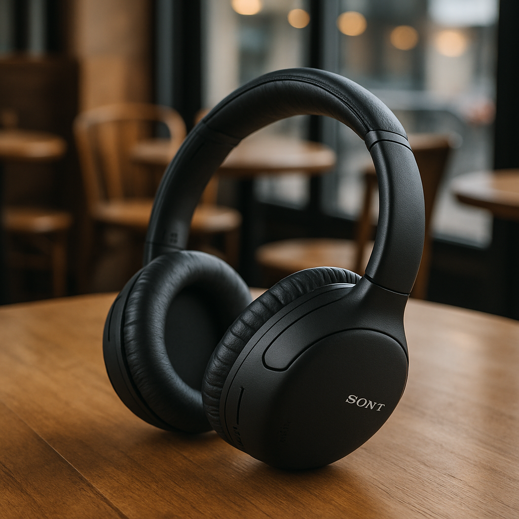 A Sony WH-CH710N headphones sitting on a coffee‑shop table, showing the matte black finish and padded headband. Alt: Sony WH-CH710N cheap noise cancelling headphones on a desk.