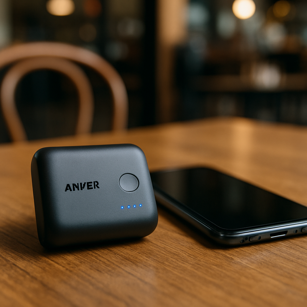 A close‑up of the Anker PowerCore 10000 sitting on a coffee shop table beside a smartphone, showing its compact size and LED indicator lights. Alt: compact cheap portable phone charger Anker PowerCore 10000 on a tabletop.