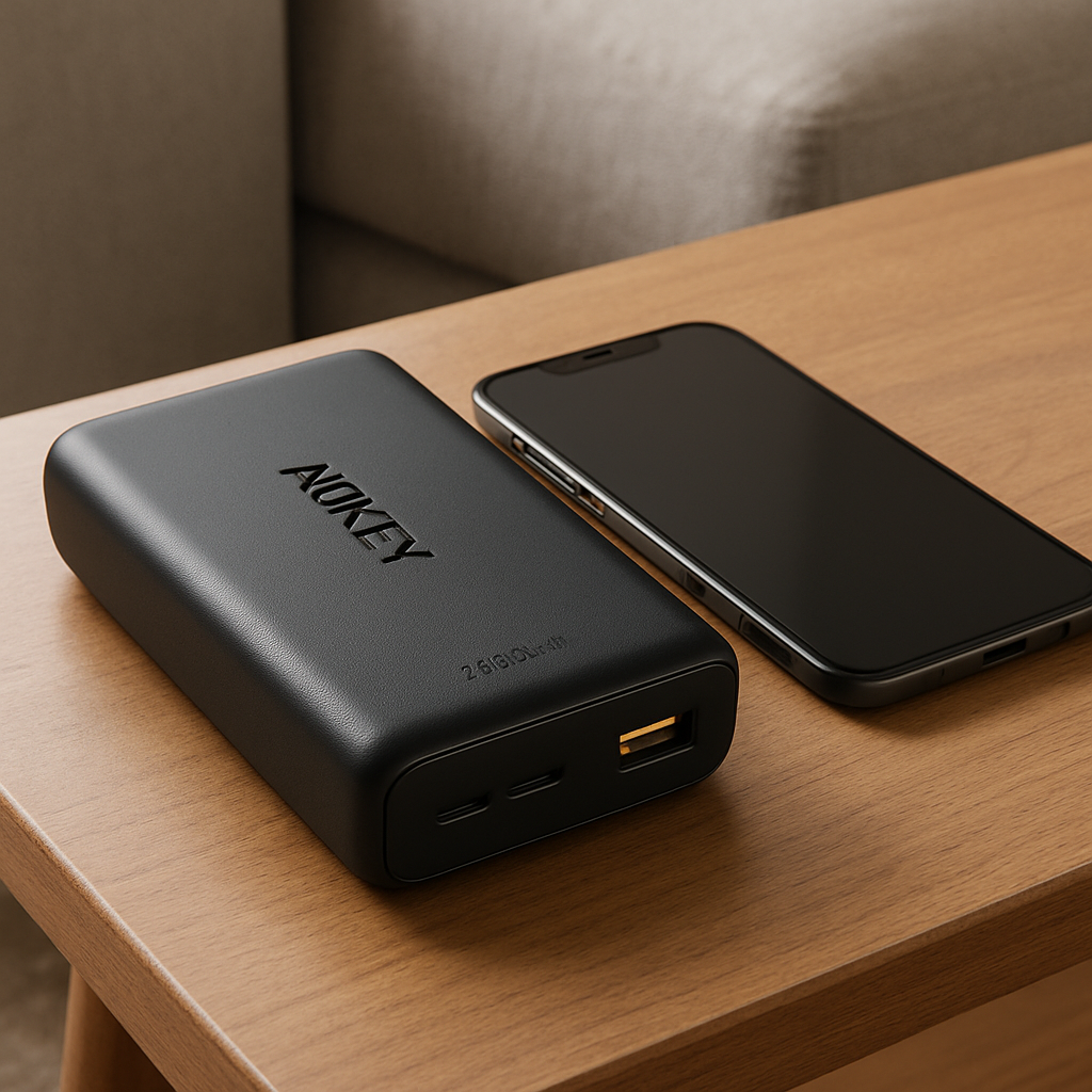 A sleek AUKEY 20000mAh power bank on a coffee table next to a smartphone, showing its size and ports. Alt: AUKEY 20000mAh cheap portable phone charger with USB-C and USB-A ports.
