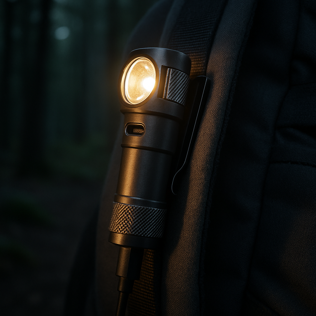 A close‑up of a sleek, USB‑C rechargeable flashlight clipped to a backpack strap, glowing warmly in a dim forest. Alt: cheap rechargeable flashlight under $20 with USB-C charging.