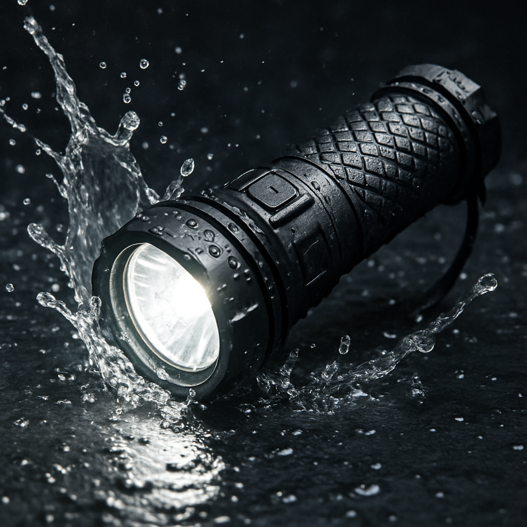 A rugged cheap rechargeable flashlight splashing water, showing its sealed body and bright beam. Alt: cheap rechargeable flashlight durable waterproof design.