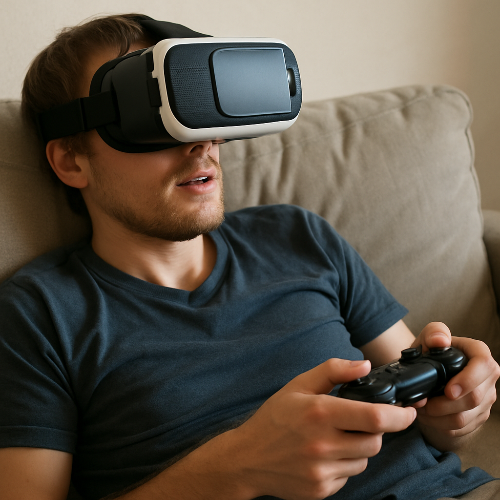 A person lounging on a couch wearing a plastic VR headset with a smartphone inside, holding a Bluetooth controller. Alt: cheap virtual reality headset phone compatible setup