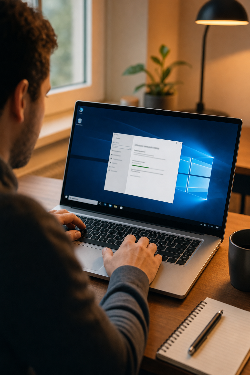 A photorealistic scene of a person at a laptop activating a Windows license on screen, warm office lighting, desk with coffee cup, natural environment with soft orange accent lighting. Alt: cheap Windows 10 key activation on laptop at ActivSoftKey.