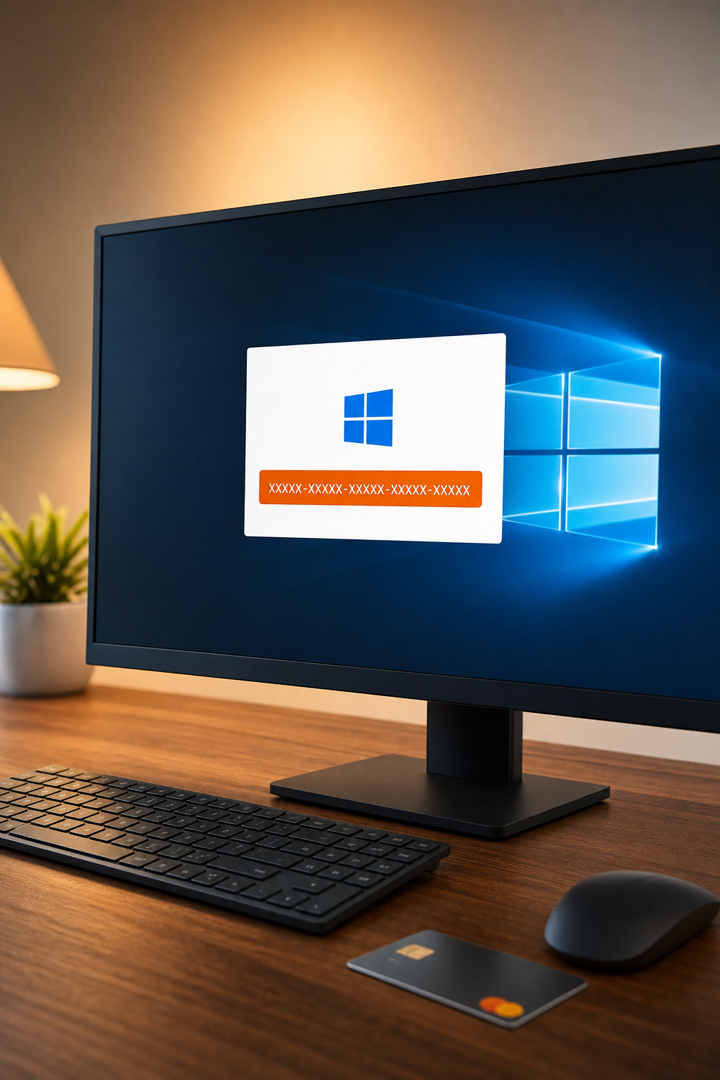 A photorealistic close-up of a digital license key displayed on a computer monitor, with a clean workspace background, soft warm lighting, and a credit card resting on the desk nearby. Alt: discounted Windows 10 digital license key on monitor at CDKeys.