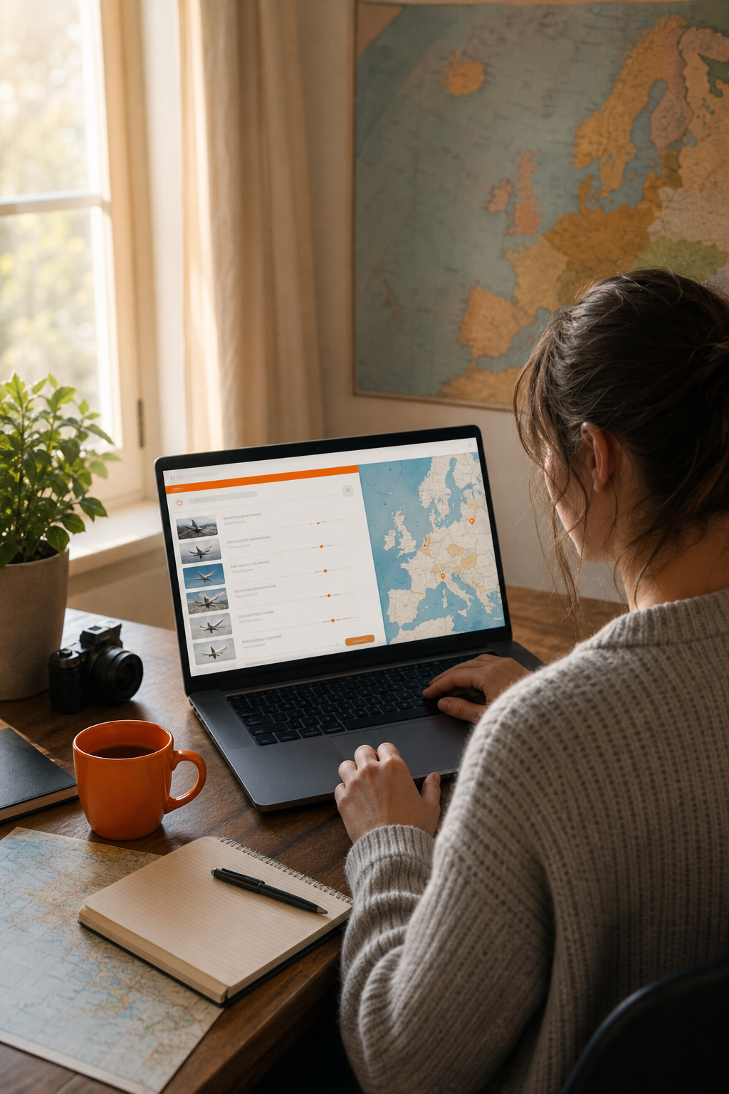 A 16:9 realism-style editorial photo of a person sitting at a wooden desk with a laptop open to a travel planning website, a coffee cup nearby, warm morning light coming through a window, map on the wall behind them. Alt: travel planning at Dream Book Travel for cheapest flights to Europe.