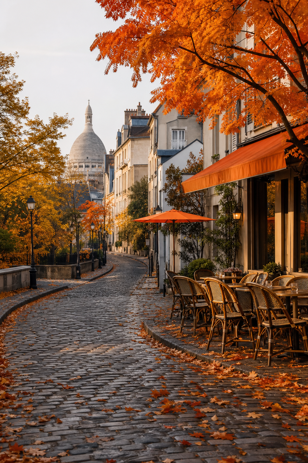 A 16:9 realism-style editorial photo of a European cobblestone street in autumn with golden and red leaves on trees, a cafe with outdoor seating, soft warm afternoon light, no crowds