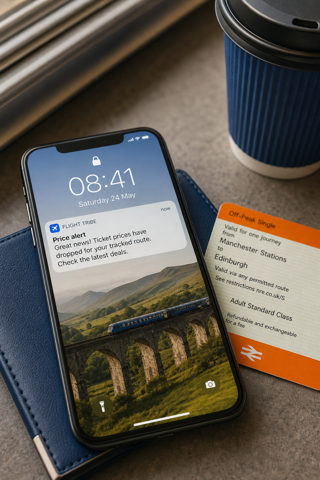 A photorealistic editorial shot of London St Pancras International station with a high-speed train at the platform, passengers boarding, natural light streaming through the glass roof. Alt: High-speed train at London St Pancras International during peak season travel.