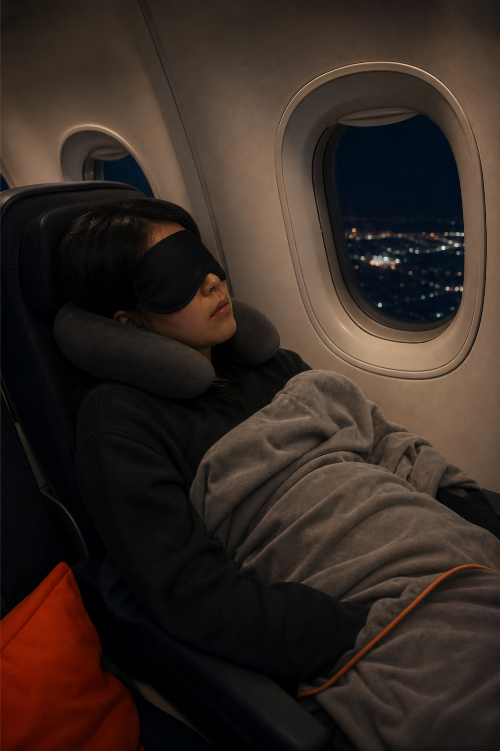A realistic photo of a passenger sleeping on a night flight with a blanket and eye mask, cabin lights dimmed