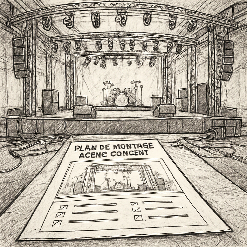 A detailed 360° virtual view of a concert stage with technical rigs, cables and lighting fixtures, highlighting a printed mounting plan laid on a table. Alt: plan de montage scène concert checklist illustration