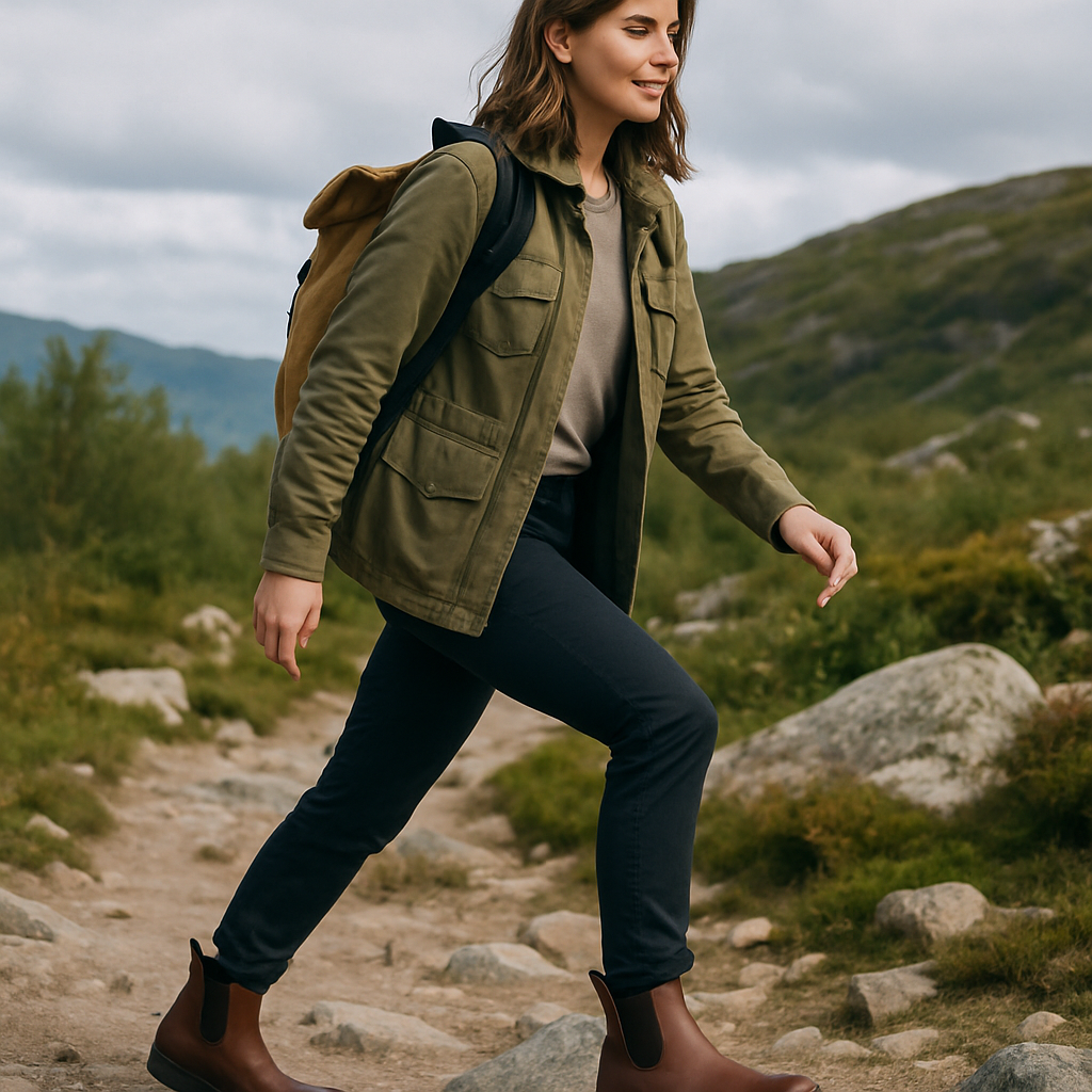 A woman wearing brown chelsea boots while hiking, showcasing versatile styling. Alt: chelsea boots dam brun styling för olika aktiviteter