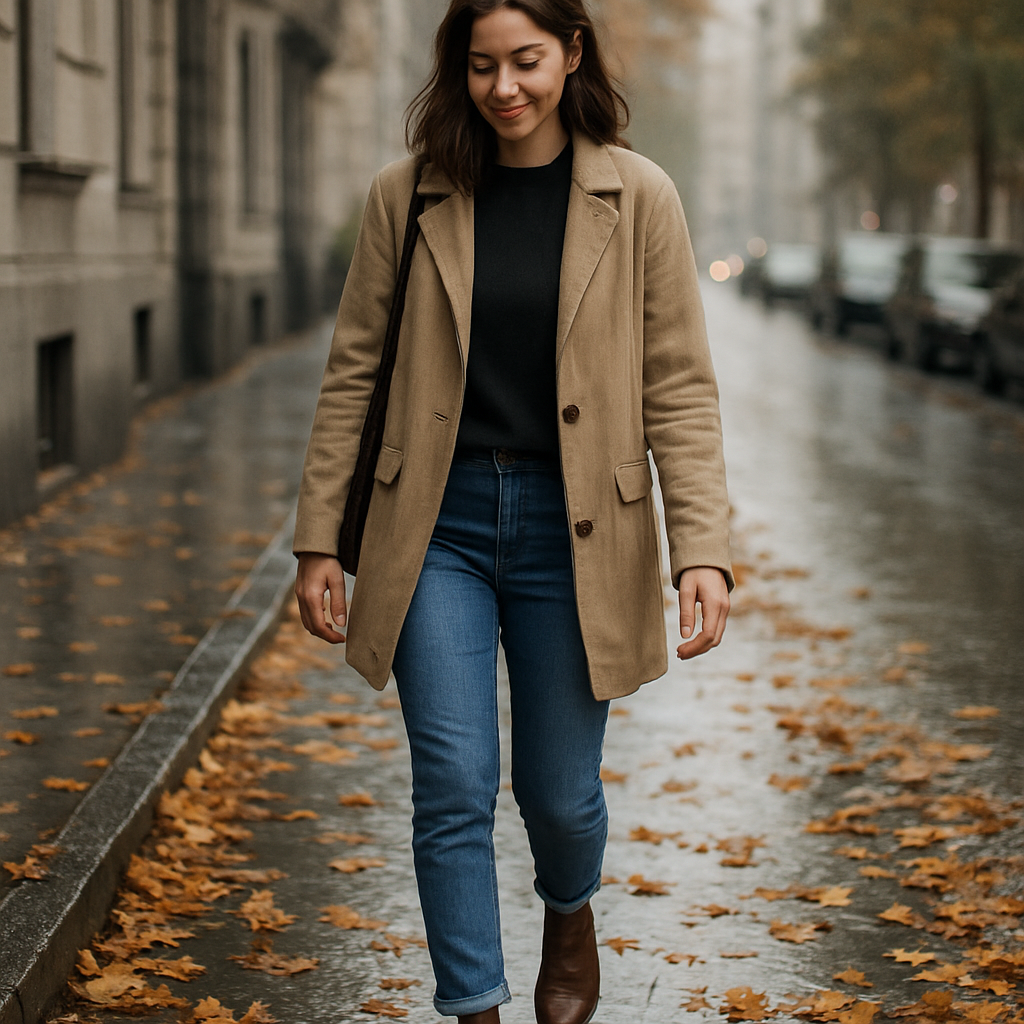 En kvinna som går i en regnig stadsgata med bruna Chelsea boots, omgiven av höstlöv. Alt: chelsea boots dam brun vardaglig stil