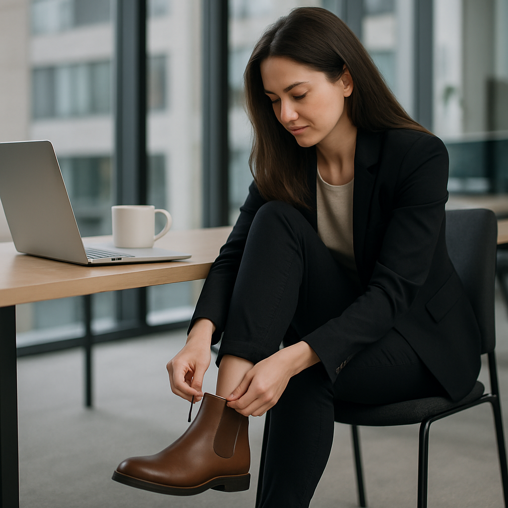 En kvinna i en modern kontorsmiljö som knyter sina bruna chelsea boots, med en laptop och en kaffekopp på bordet. Alt: chelsea boots dam brun på arbetsplatsen, stil och funktion
