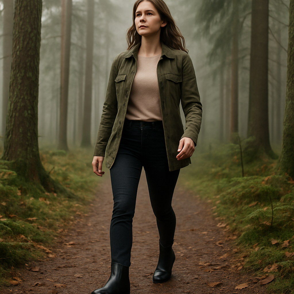 A woman walking confidently through a misty forest wearing sleek leather chelsea boots. Alt: chelsea boots dam läder i naturlig miljö