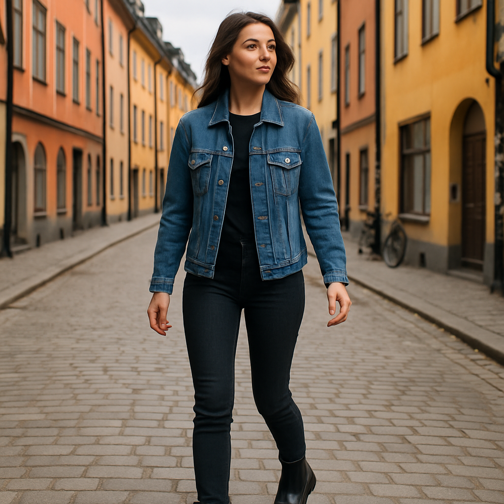 A stylish woman walking through a Scandinavian street in leather Chelsea boots, wearing a denim jacket and dark jeans. Alt: chelsea boots dam läder styling inspiration