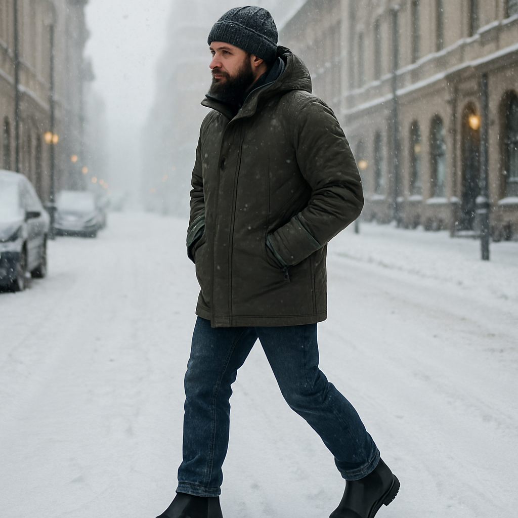 En man i tjocka vinterkläder går genom en snötäckt stadsgata med breda, svarta chelsea boots i Samelin‑läder. Alt: brett fotval chelsea boots herr vinter, samelin läder, vinterstadsmiljö.