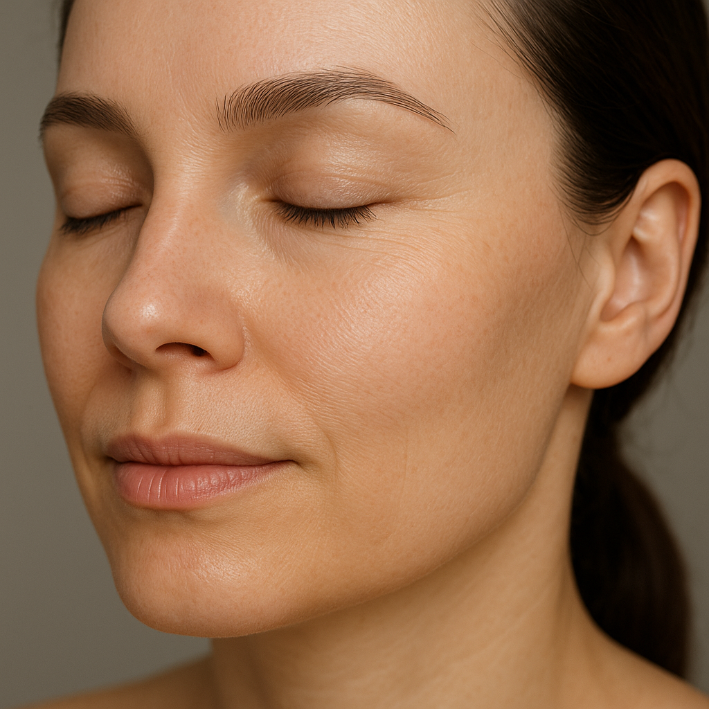 Close-up of smooth, youthful skin after chemical peel treatment at Simcoe Cosmetic Clinic, Barrie. Alt: Chemical peel Barrie results revealing refreshed skin tone and reduced wrinkles.