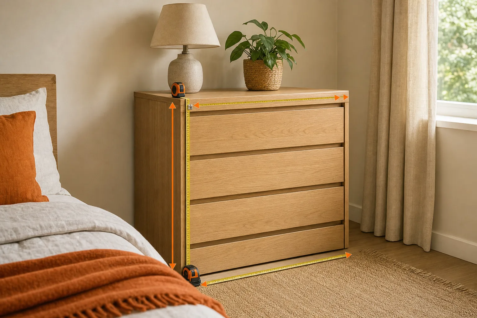 Diagram showing how to measure chest of drawers height, width and depth.
