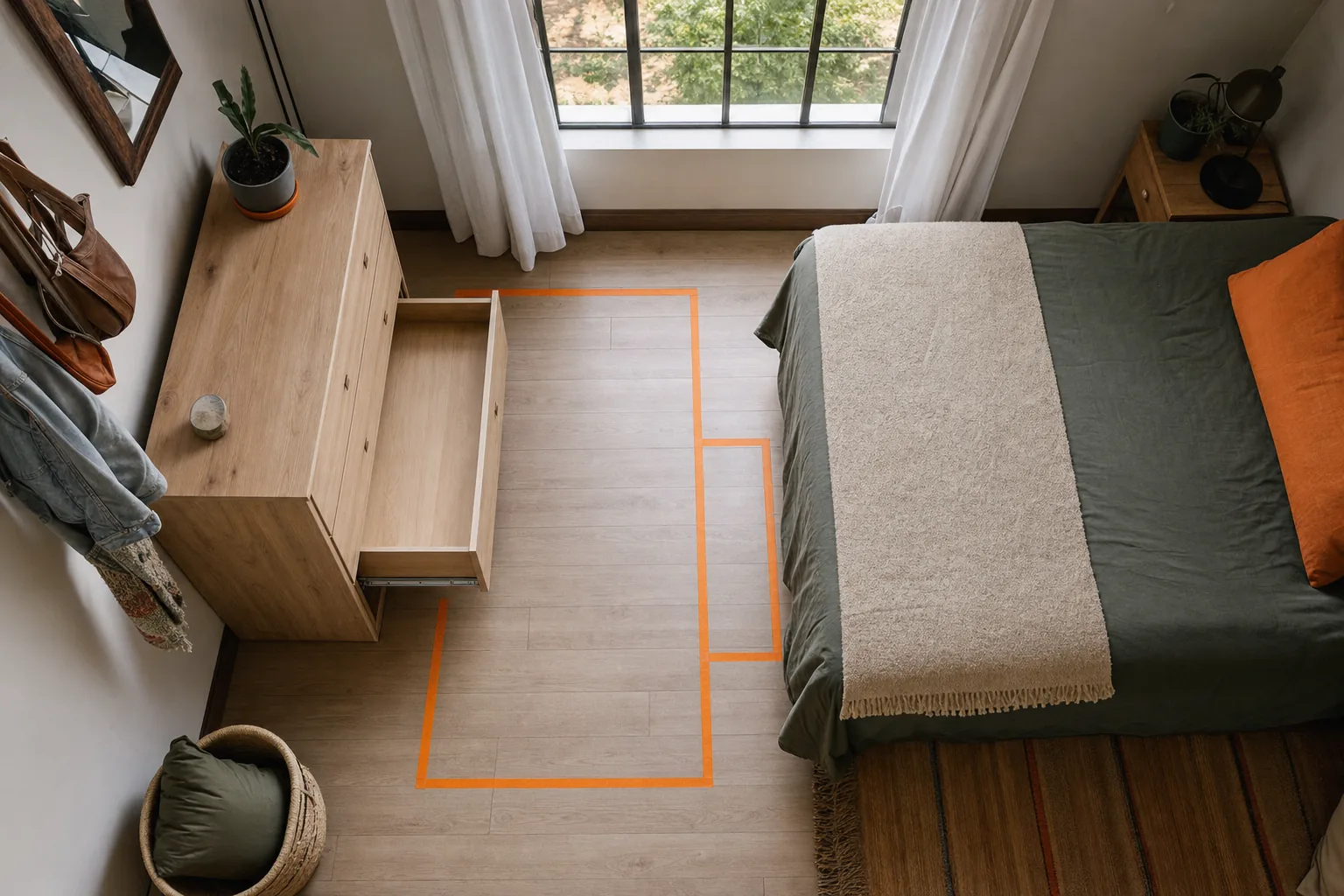 Room layout showing chest depth, open drawer clearance and walking space.