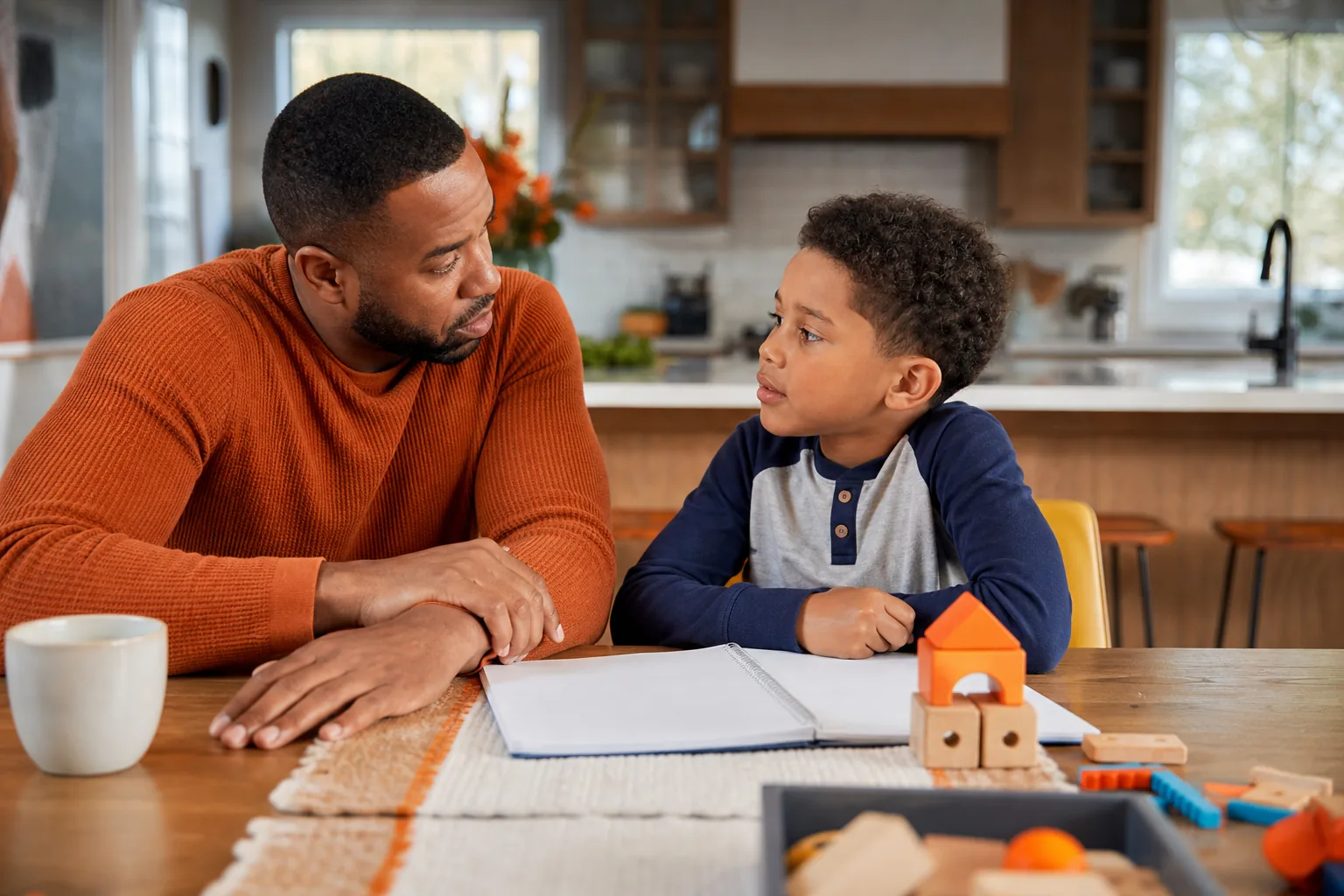 Cincinnati parent and child discussing behavioral therapy options at home.