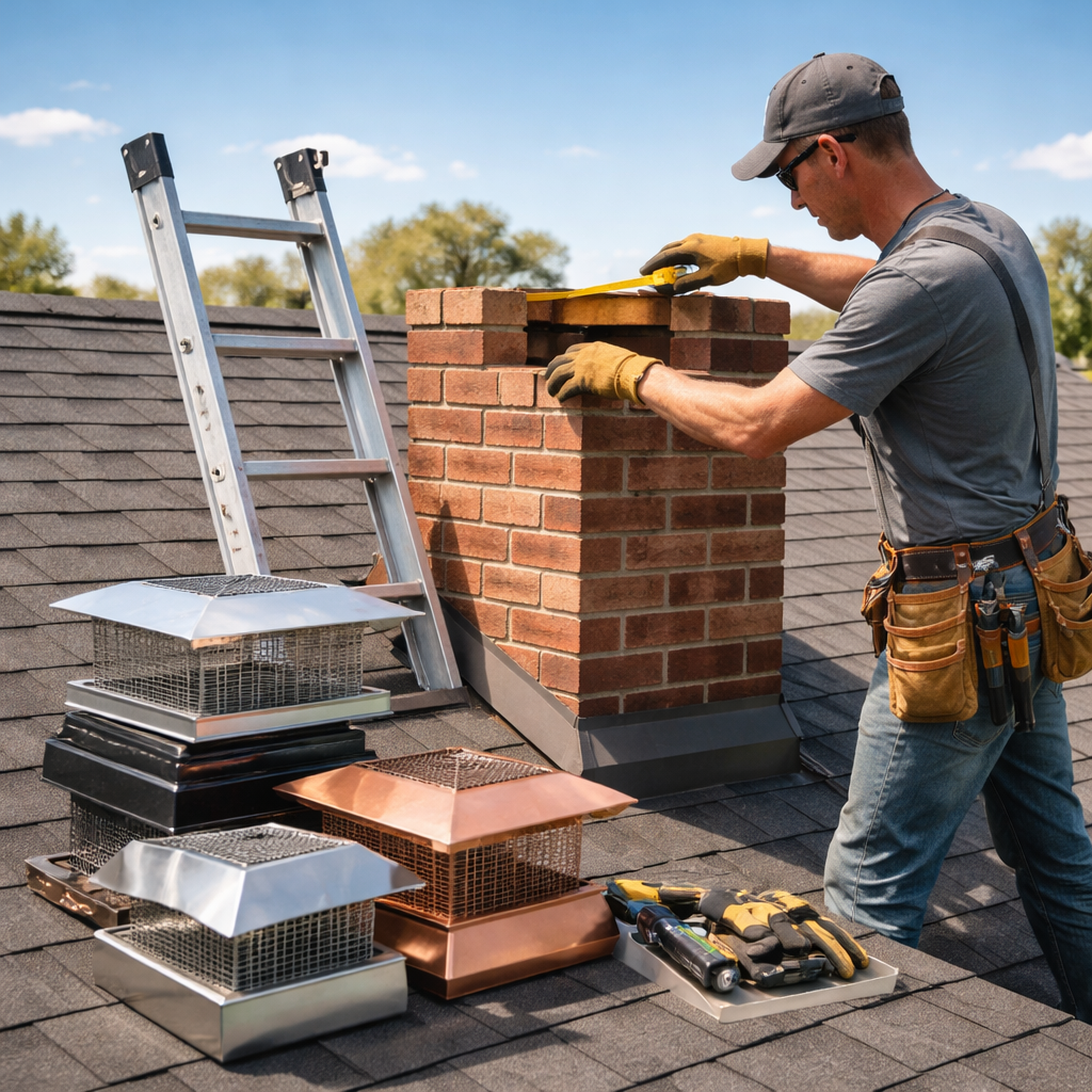 A photorealistic scene of a roofer measuring a chimney opening on a residential house, showing various chimney cap materials stacked beside a ladder, with a clear sky background. Alt: chimney cap replacement cost factors