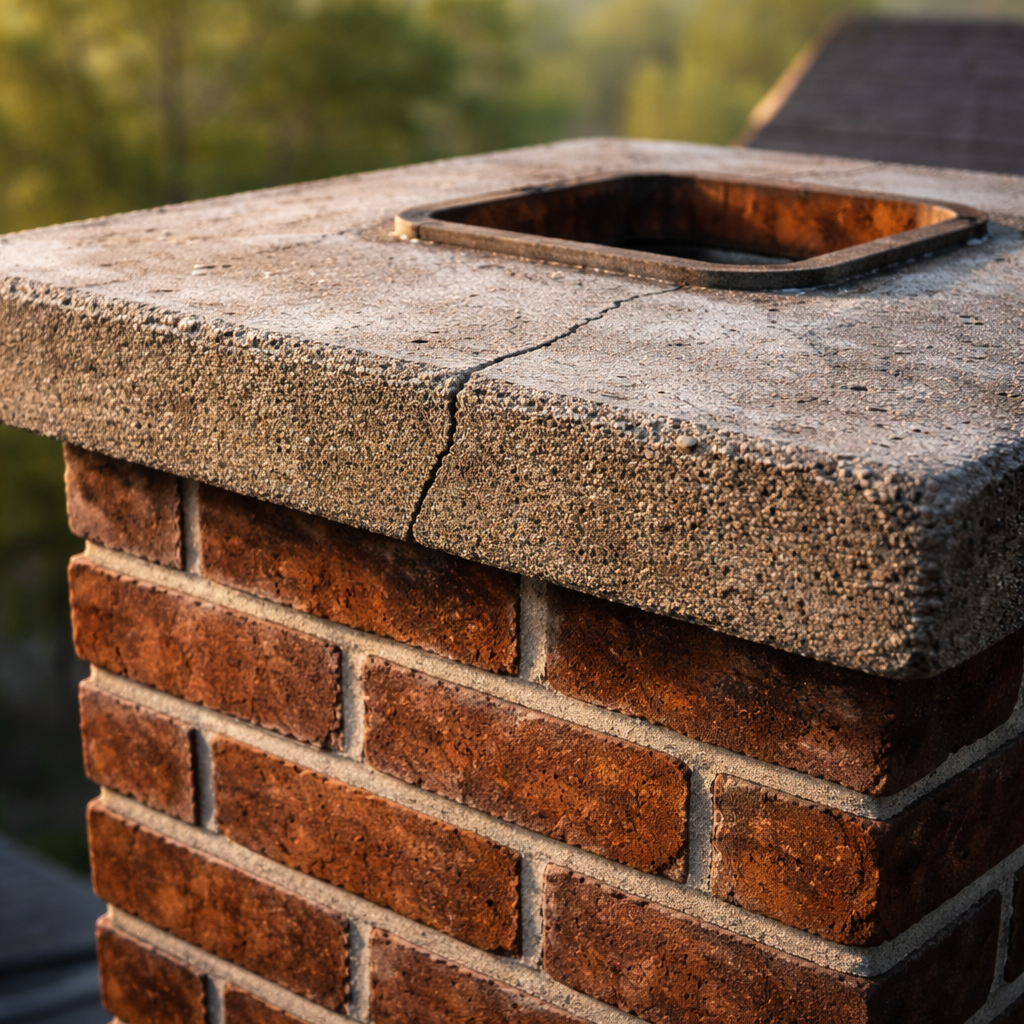 A photorealistic scene of a close‑up view of a chimney crown with visible mortar joints and a small crack, early morning light highlighting the texture, realistic style.