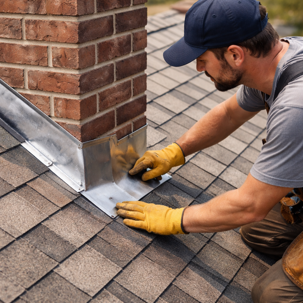 A realistic photo of a roofer inspecting chimney flashing on a residential roof, showing close-up of metal flash and surrounding shingles. Alt: Chimney flashing repair cost inspection.