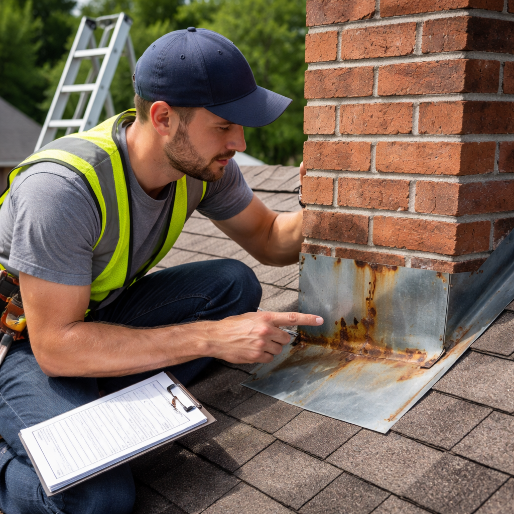 A photorealistic scene of a roofer inspecting chimney flashing on a residential roof, showing metal flash, rust patches, and a ladder. Alt: Close-up of chimney flashing repair cost inspection.