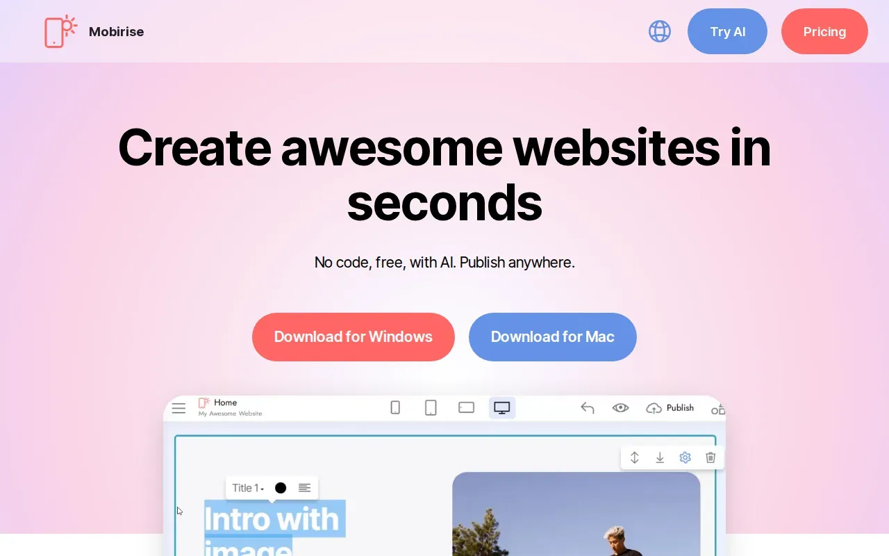 Screenshot of the Mobirise AI website
