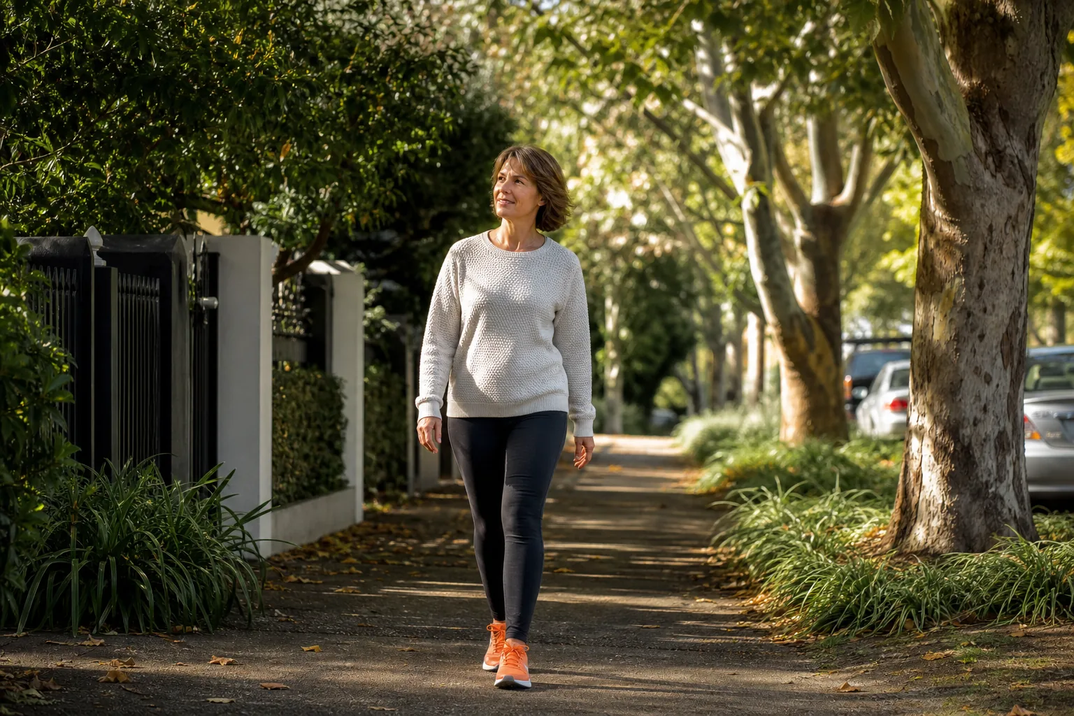 Gentle walking as an everyday movement option for back discomfort.