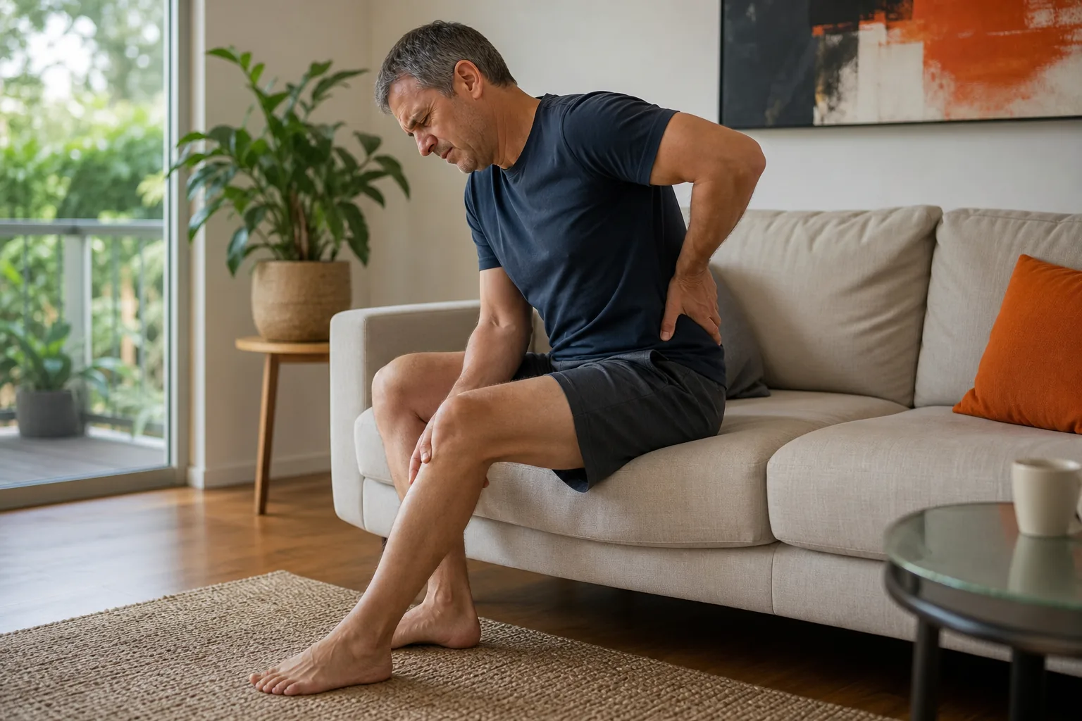 Sciatica symptoms with pain travelling from the lower back into the leg.