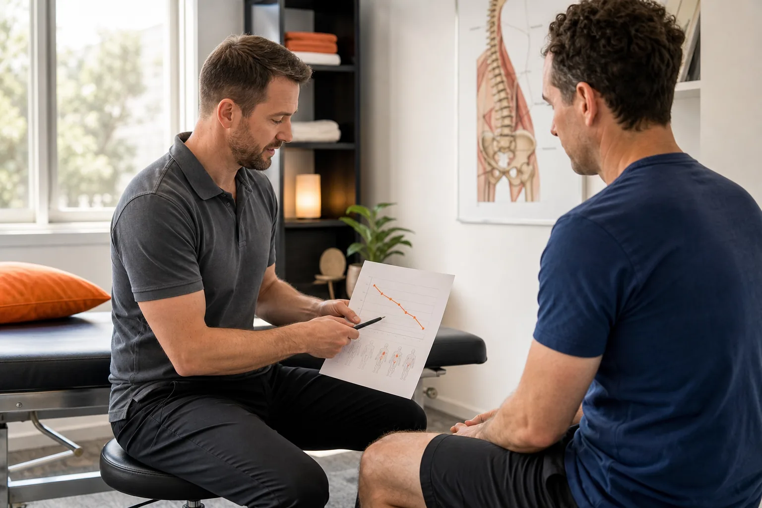 Sciatica progress review with a chiropractor and patient discussing next steps.
