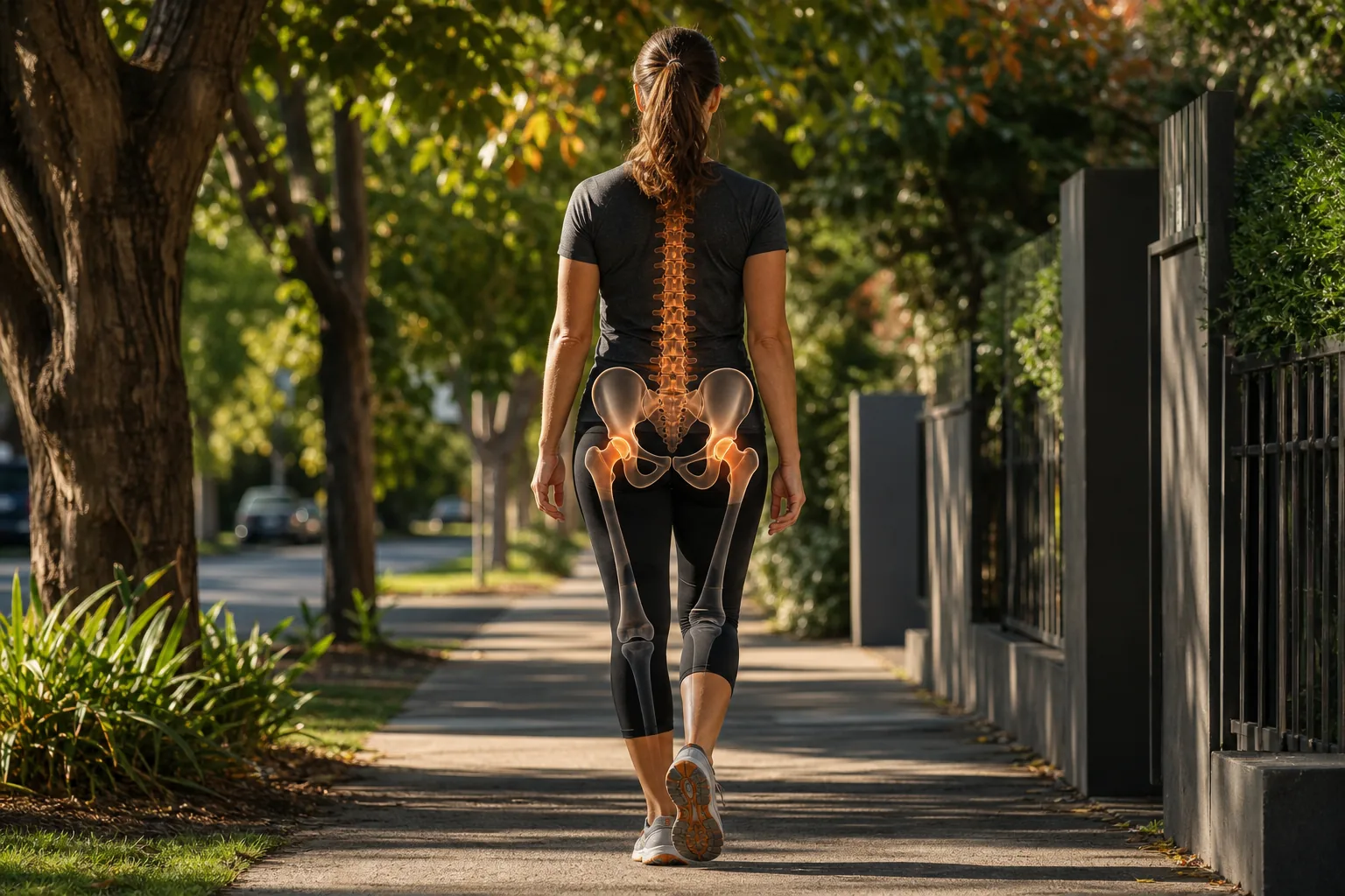 Pelvis, hips and lower back working together during walking.