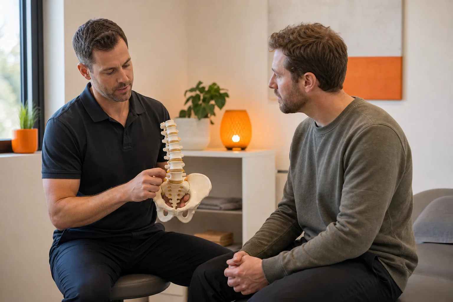 Chiropractor discussing a pelvic and lower-back assessment with a patient.