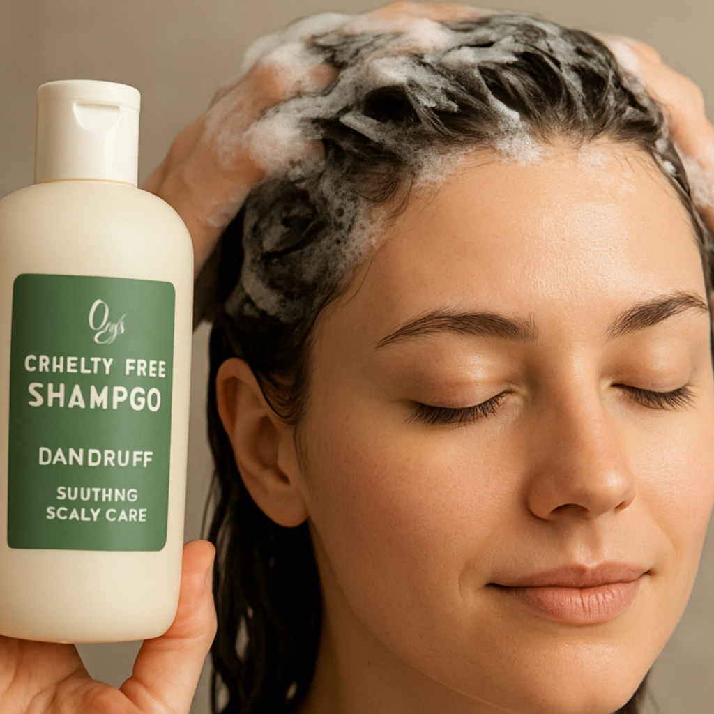 A close‑up of a person washing their hair with a cruelty‑free dandruff shampoo, showing bubbles on the scalp and a calm expression. Alt: cruelty free shampoo for dandruff, soothing scalp care