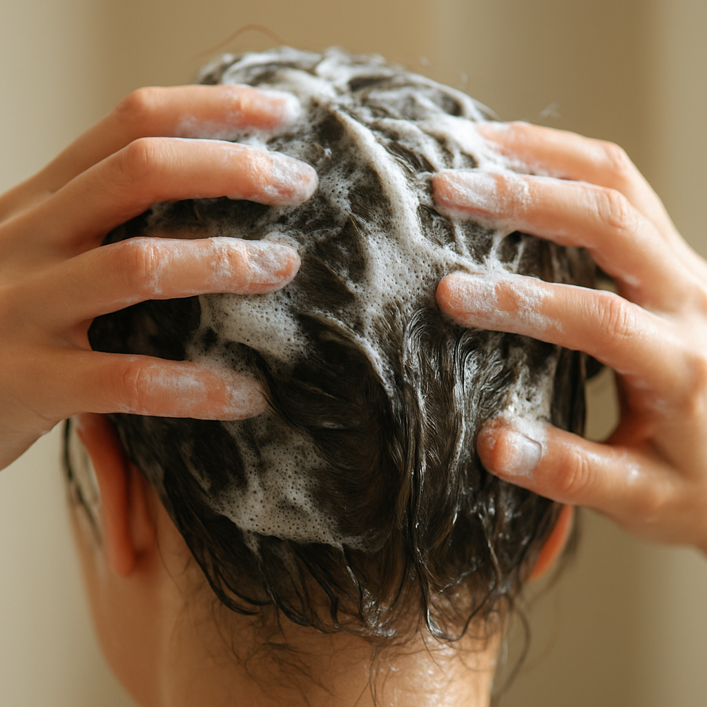 A close‑up of hands massaging a cruelty‑free anti‑dandruff shampoo into a damp scalp, with soft natural light highlighting the lather. Alt: Step‑by‑step guide using cruelty free shampoo for dandruff effectively.