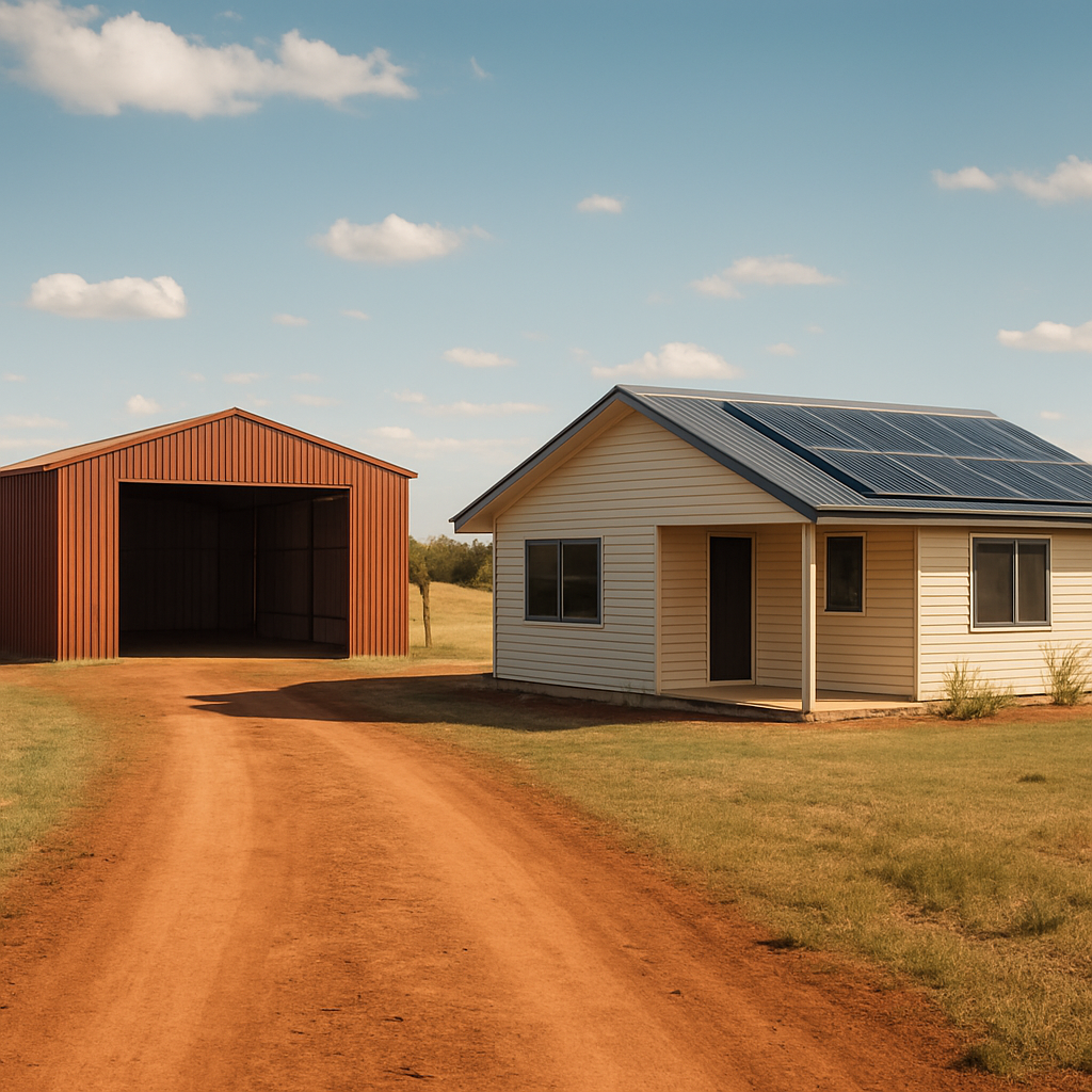 A sunny rural property with a newly built secondary dwelling beside a red‑soil shed, showing a clear access lane and solar panels on the roof. Alt: secondary dwelling planning rural NSW