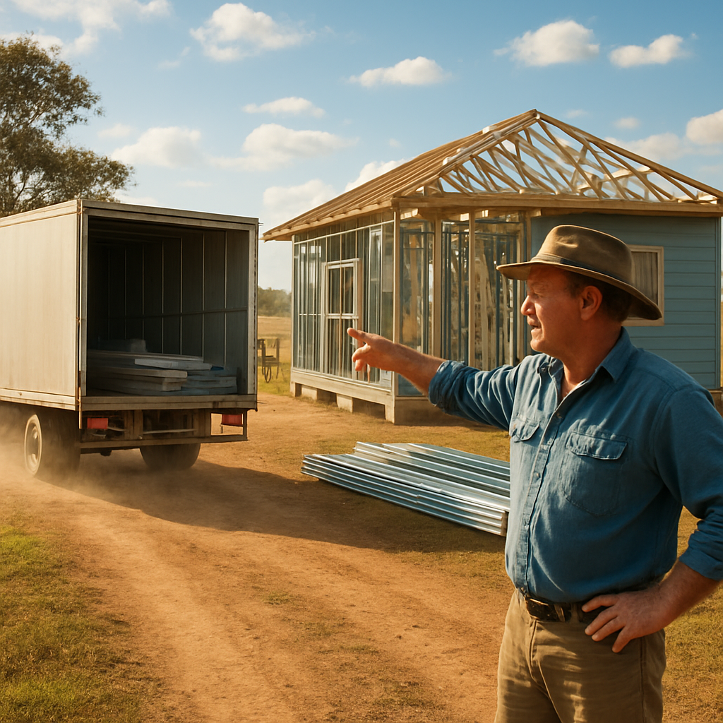 A farm driveway with a delivery truck unloading steel framing beside a partially built secondary dwelling, dust kicking up under a bright sky. Alt: secondary dwelling builder rural nsw managing build logistics on a farm