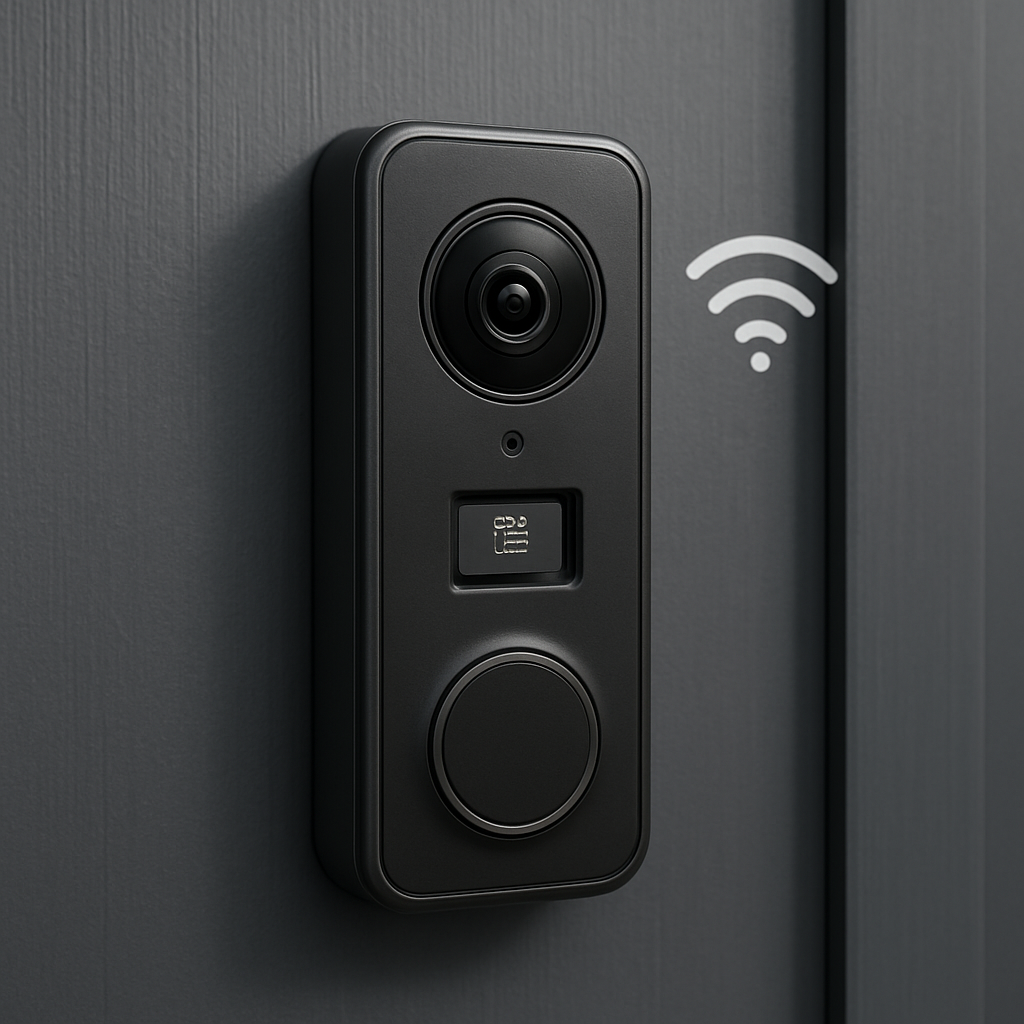 A sleek video doorbell mounted on a modern front door, showing a close‑up of its lens and a microSD card slot, with a subtle Wi‑Fi signal icon hovering nearby. Alt: video doorbell without subscription local storage illustration