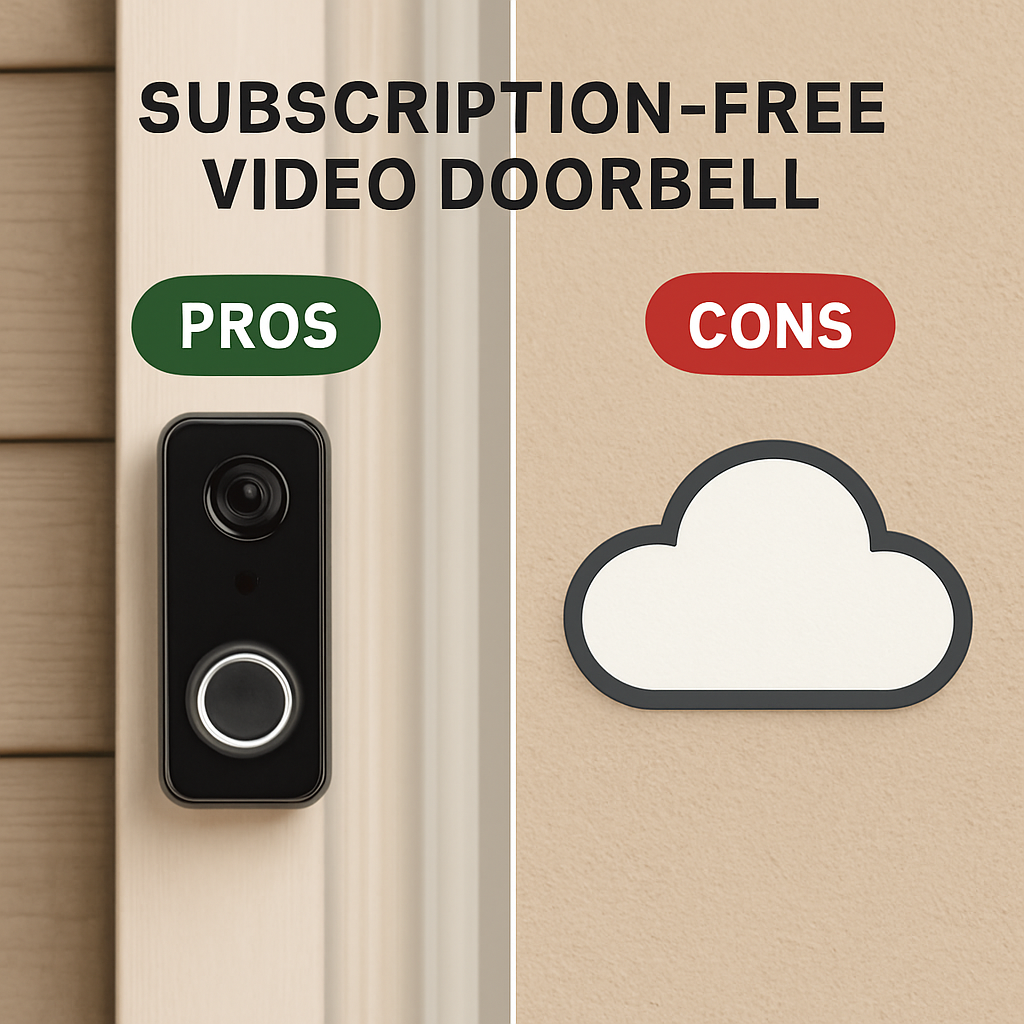 A side‑by‑side comparison of a subscription‑free video doorbell on a porch next to a cloud icon, illustrating pros and cons. Alt: video doorbell without subscription pros and cons visual