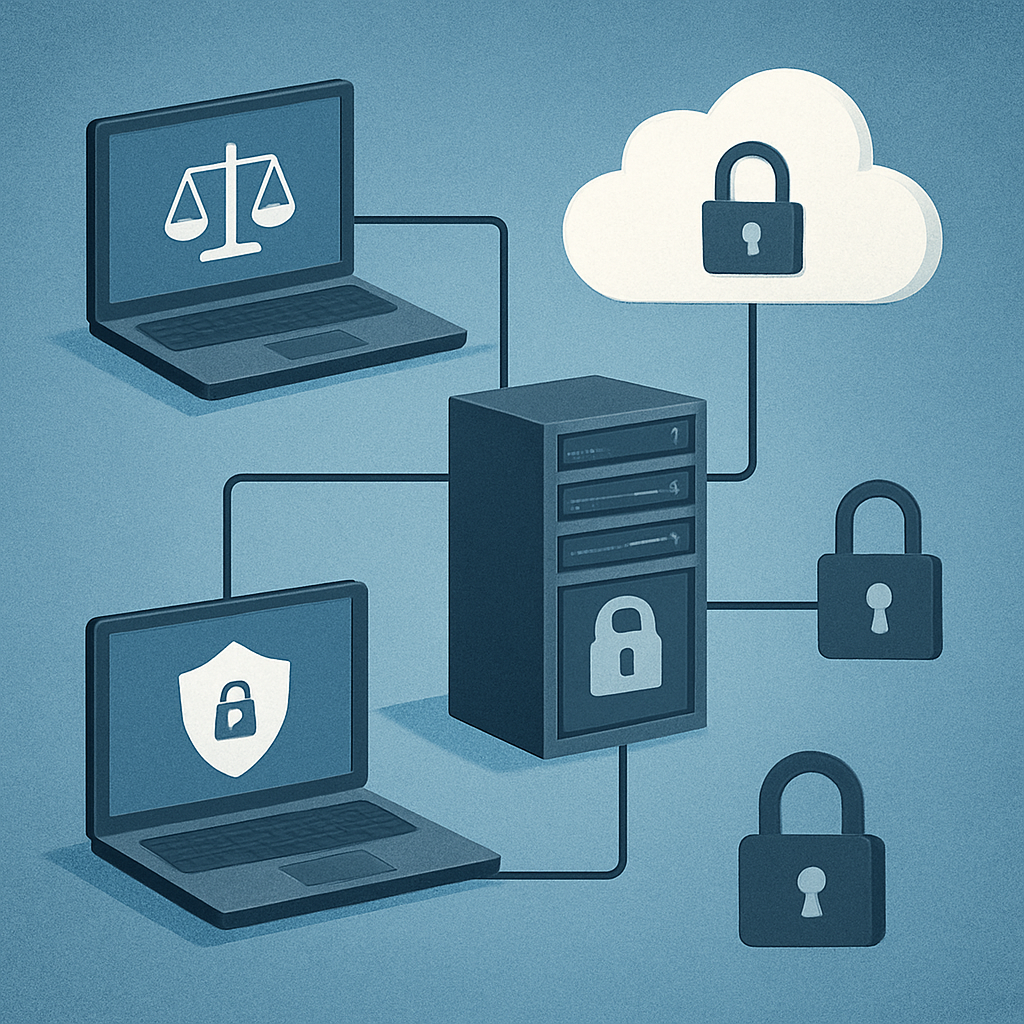 A stylized diagram of a law firm’s IT infrastructure with laptops, servers, cloud icons, and security locks. Alt: Visual representation of a law firm IT audit workflow