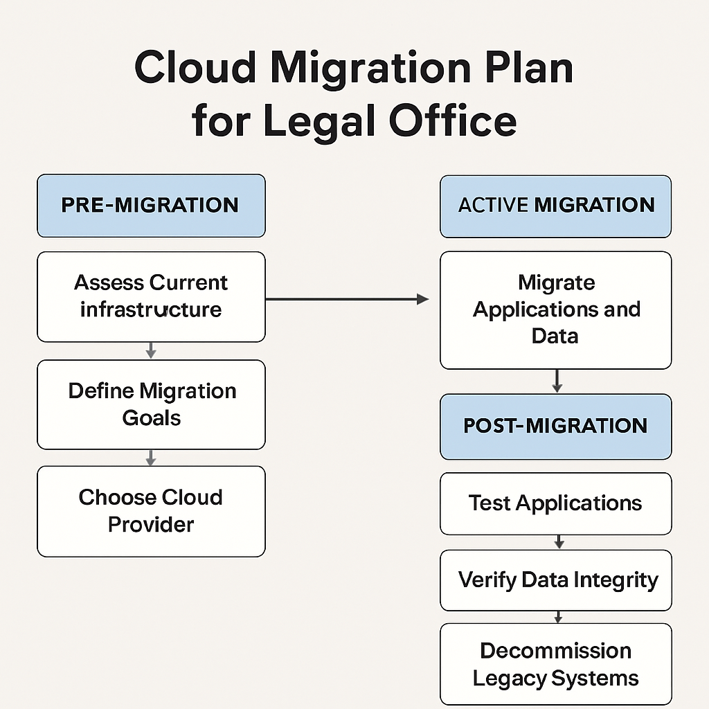 A flowchart depicting a phased cloud migration plan for a legal office, showing pre‑migration, active migration, and post‑migration stages. Alt: Cloud migration flowchart for SMB legal offices.