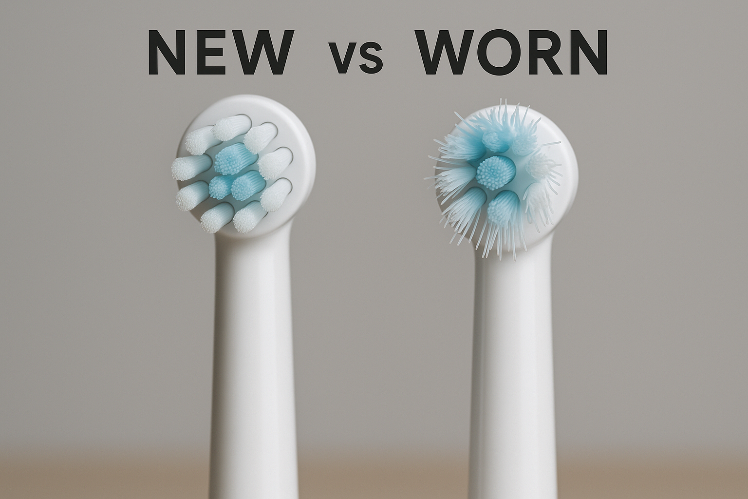 A side-by-side comparison of a new electric toothbrush replacement head and a worn, frayed head. Alt: New vs worn electric toothbrush replacement heads for dental health.