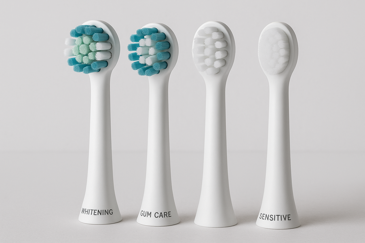 A lineup of specialized electric toothbrush replacement heads, including whitening, gum care, and sensitive models. Alt: Specialized electric toothbrush replacement heads for targeted oral care.