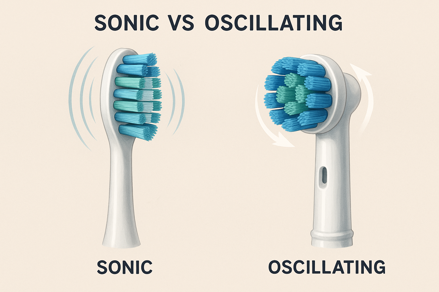 Illustration comparing sonic and oscillating electric toothbrush replacement heads and their motions. Alt: Sonic vs oscillating electric toothbrush replacement head cleaning technology.