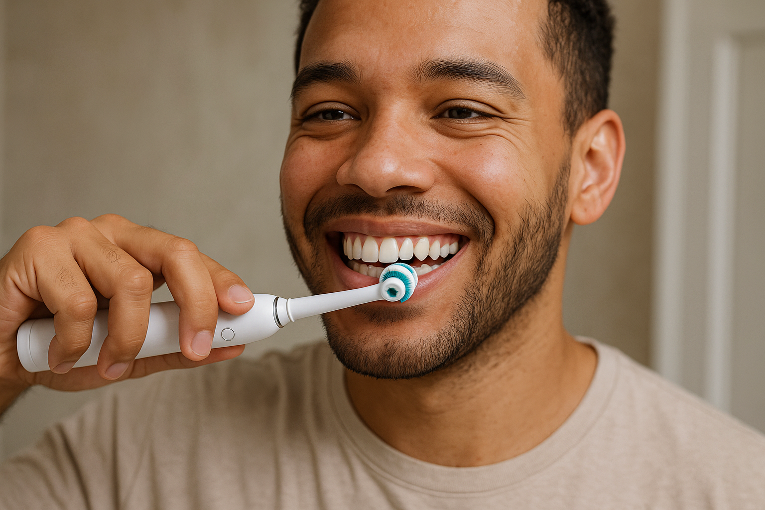 A happy person brushing their teeth with an electric toothbrush featuring a new replacement head. Alt: Using electric toothbrush replacement heads for a healthy bright smile.