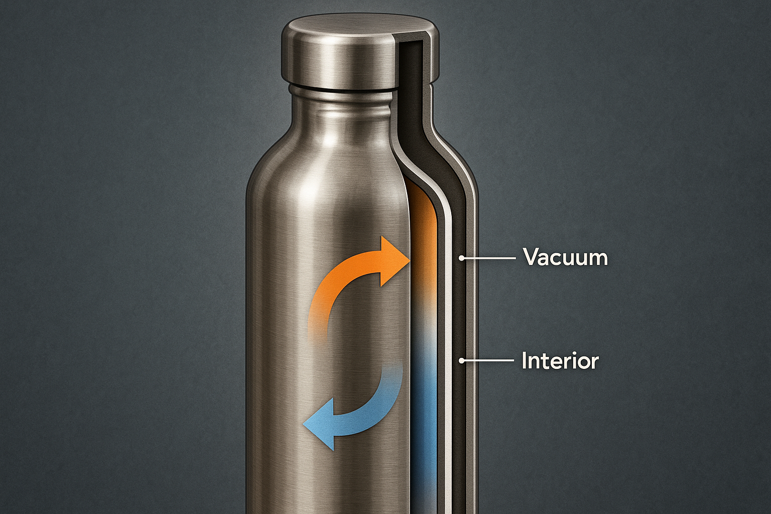 Cross-section illustration of vacuum insulated stainless steel water bottle showing multi-layer walls. Alt: Stainless steel insulated water bottle vacuum cross-section with temperature retention features.