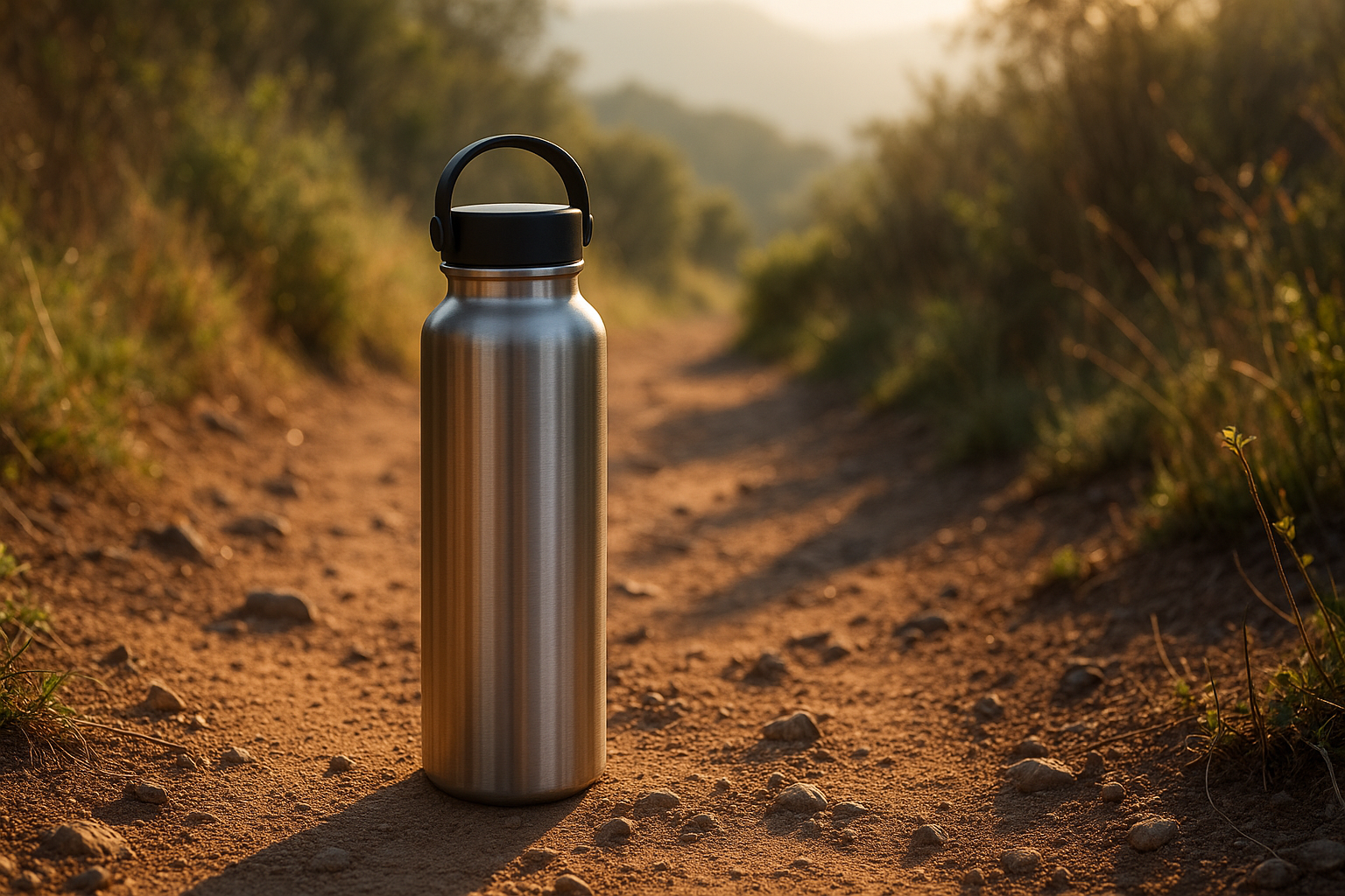 Stainless steel insulated water bottle placed on a hiking trail with morning sunlight. Alt: Stainless steel insulated water bottle for outdoors hydration.